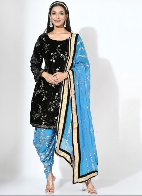 Black and Blue Embroidered Velvet Patiala Salwar Kameez