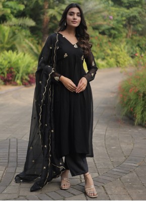 Black Faux Georgette Embroidered Readymade Salwar 