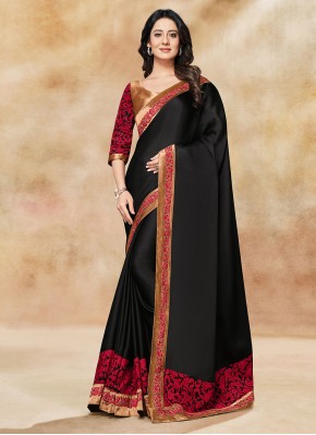 Black Satin Silk Designer Contemporary Saree
