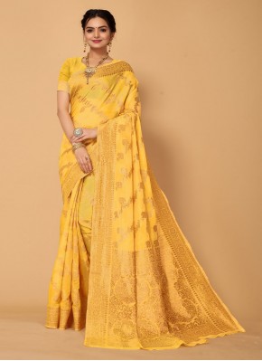 Blended Cotton Yellow Woven Classic Saree