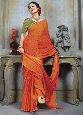 Blissful Orange Thread Work Chiffon Saree