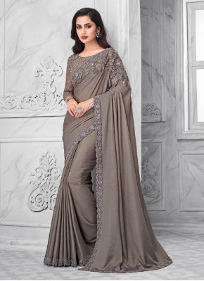 Blooming Embroidered Faux Chiffon Grey Trendy Saree