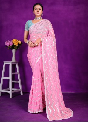 Blooming Shimmer Embroidered Rose Pink Classic Saree