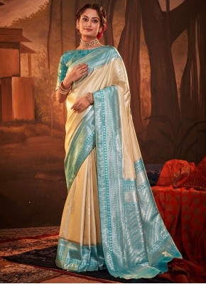 Blue and Cream Kanchipuram Silk Engagement Classic Saree