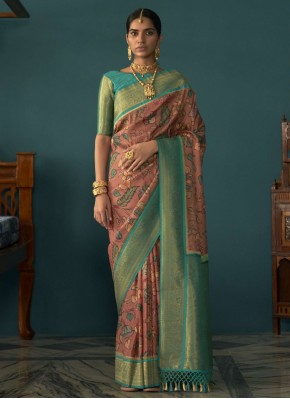 Blue and Peach Floral Print Festival Traditional Saree