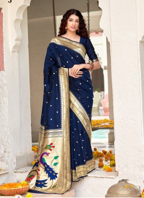 Blue Banarasi Silk Ceremonial Traditional Designer Saree