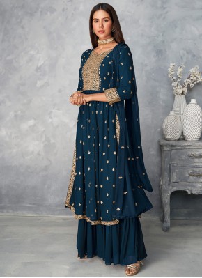 Blue Embroidered Faux Georgette Designer Pakistani Suit