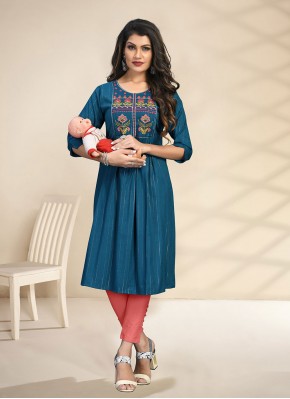 Blue Embroidered Rayon Party Wear Kurti