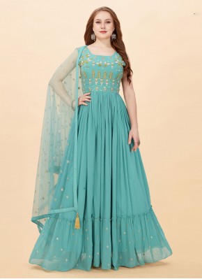 Blue Faux Georgette Embroidered Trendy Gown