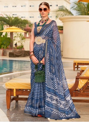 Blue Printed Linen Classic Saree