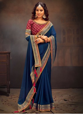 Blue Vichitra Silk Embroidered Trendy Saree