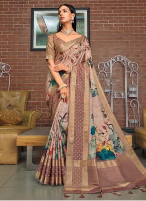Breathtaking Floral Print Brown Silk Trendy Saree