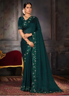 Breathtaking Green Embroidered Contemporary Saree