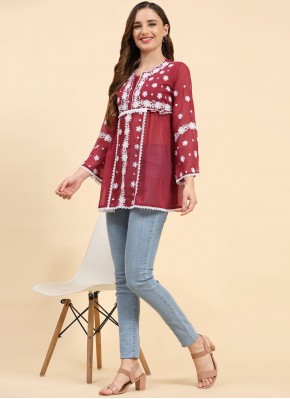 Brilliant Embroidered Maroon Georgette Party Wear Kurti