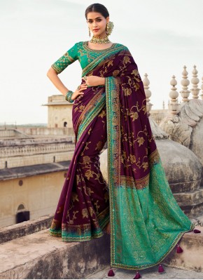 Brown and Green Embroidered Contemporary Saree