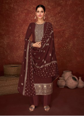 Brown Embroidered Faux Georgette Designer Pakistani Suit