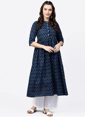 Casual Kurti Printed Cotton in Navy Blue