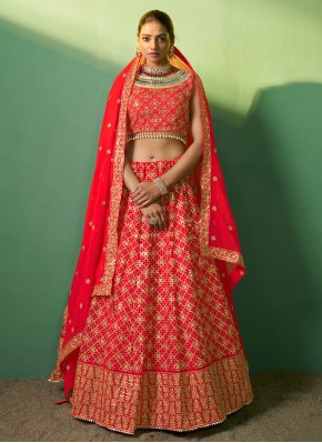 Catchy Embroidered Georgette Red Trendy Lehenga Choli