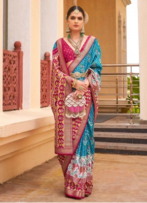 Catchy Silk Turquoise Patola Print Trendy Saree