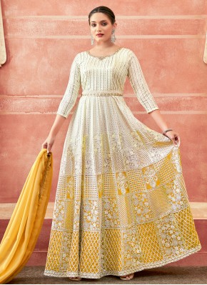 Charismatic Embroidered Off White and Yellow Georgette Trendy Gown