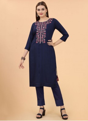 Charismatic Embroidered Viscose Navy Blue Casual Kurti