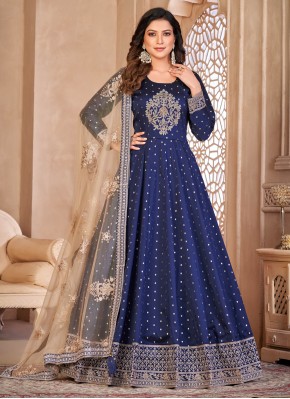 Charming Blue Tafeta Silk Anarkali Salwar Kameez