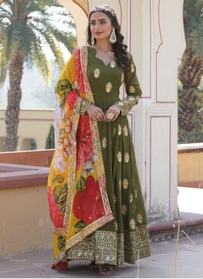 Charming Green Embroidered Faux Georgette Readymade Designer Gown