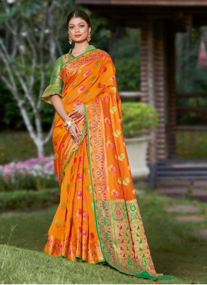 Chic Orange Woven Banarasi Silk Designer Traditional Saree