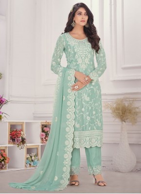 Chiffon Embroidered Long Length Salwar Suit in Aqua Blue
