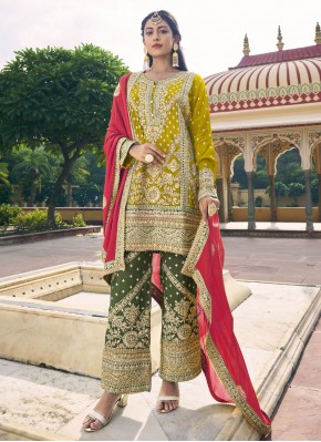 Chinon Embroidered Designer Salwar Suit in Green