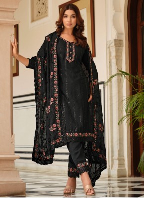 Chinon Embroidered Salwar Suit in Black