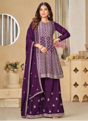Chinon Embroidered Trendy Salwar Suit in Purple