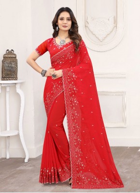 Classic Designer Saree Embroidered Faux Georgette in Red