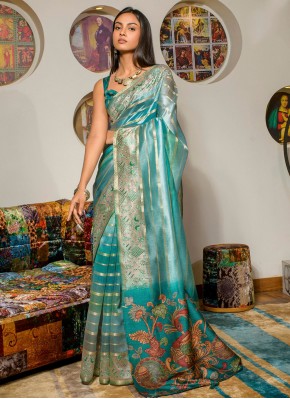 Classic Saree Digital Print Silk in Turquoise