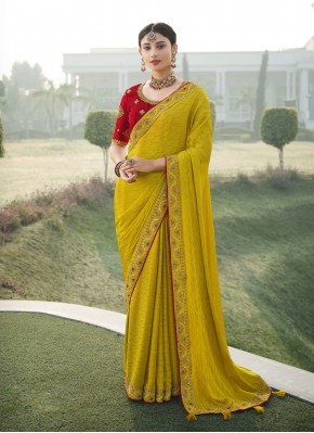 Classic Saree Embroidered Chiffon Satin in Yellow