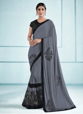 Classic Saree Embroidered Lycra in Grey