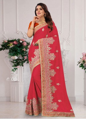 Classic Saree Embroidered Satin Silk in Red