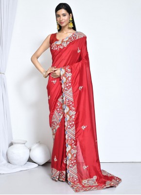 Classic Saree Sequins Crepe Silk in Red