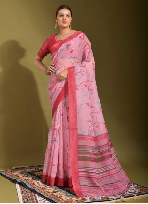 Classical Pink Printed Linen Trendy Saree