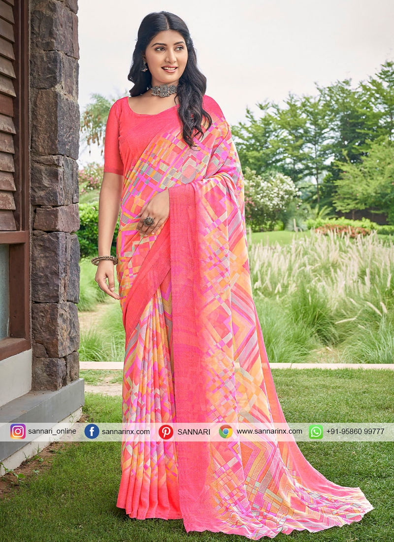 Classical Printed Chiffon Pink Trendy Saree