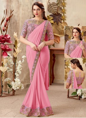 Classy Lycra Embroidered Pink Ready Pleated Saree