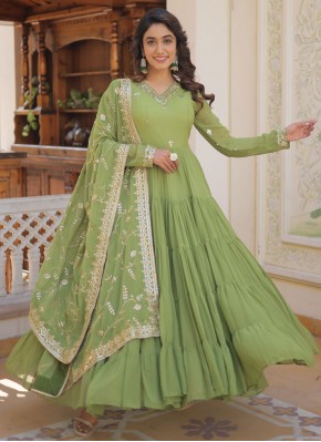Compelling Embroidered Green Faux Georgette Trendy
