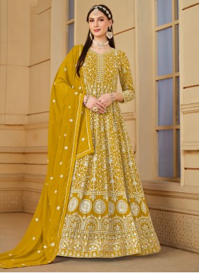 Compelling Embroidered Mustard Faux Georgette Trendy Salwar Suit
