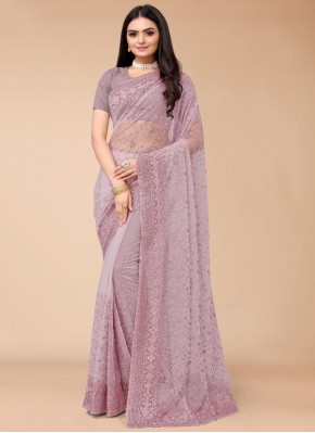 Competent Embroidered Mauve  Net Contemporary Style Saree