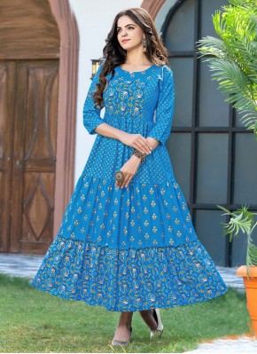 Competent Printed Blue Gown 