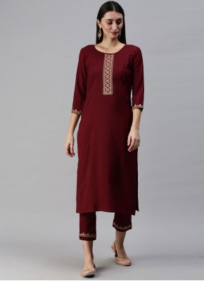 Conspicuous Maroon Embroidered Faux Crepe Casual Kurti