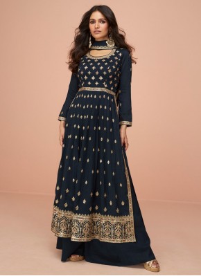 Conspicuous Navy Blue Embroidered Silk Trendy Salw