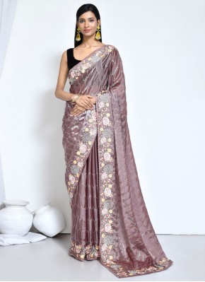 Contemporary Saree Embroidered Satin Silk in Brown