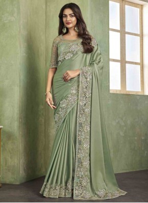 Contemporary Saree Embroidered Satin Silk in Green