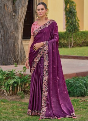 Contemporary Saree Embroidered Silk in Purple